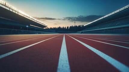 Fototapeta premium modern athletic stadium at twilight empty lanes stretching towards the horizon floodlights illuminate the track creating dramatic shadows and a sense of anticipation