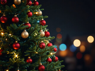 A Christmas tree adorned with red baubles and glowing lights.