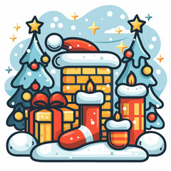 A Christmas scene with a tree, a chimney, and a fireplace. The fireplace is lit with candles and there are presents and a pair of red socks
