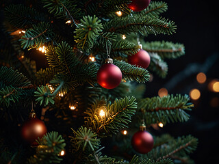 A Christmas tree adorned with red baubles and glowing lights.