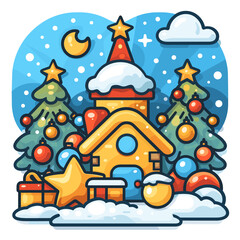 A house with a Christmas tree and a star on top. The house is surrounded by trees and there are many Christmas decorations