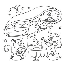 Mice Tea Party Under a Mushroom - Whimsical Coloring Page. Vector Illustration.