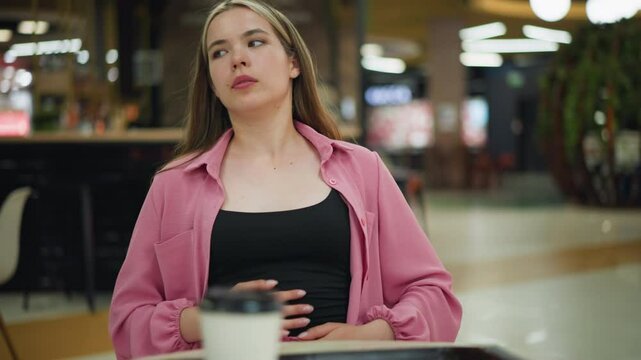 Lady in pink dress gently rubbing her stomach with both hands after a meal, visibly feeling satisfied, a tray with a coffee cup, napkins, and leftover fries lies on the table in front of her
