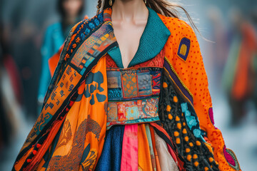 Obraz premium A vibrant runway showcase celebrating global textiles with intricate patterns and bold colors in an urban setting