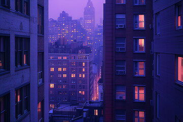 Fototapeta premium A stunning urban sunset in the heart of the city with illuminated windows and a glowing skyline