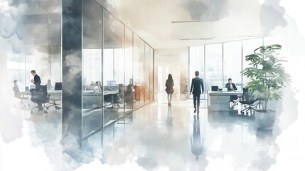 modern office interior with diverse business people watercolor illustration