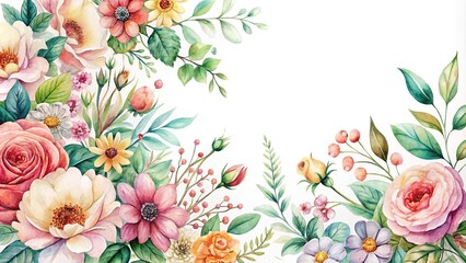 Delicate watercolor painting of flowers and foliage on white background