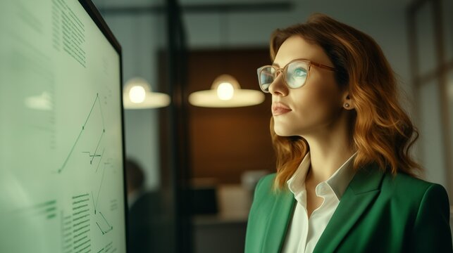 Focused businesswoman analyzing digital data image copy space. Ginger hair woman intently reviews data banner background blurred. Analysis, decision making concept photography copyspace