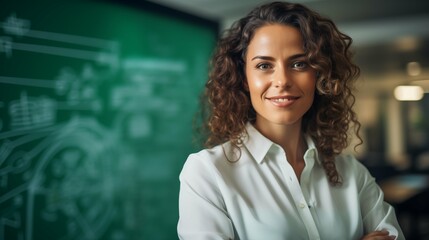 Smiling businesswoman in front of green chalkboard image copy space. Beautiful woman professor blackboard banner background blurred. Female empowerment concept photography copyspace