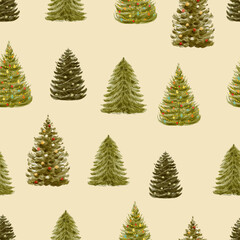 Watercolor seamless Christmas tree pattern. Hand drawn winter pattern. 