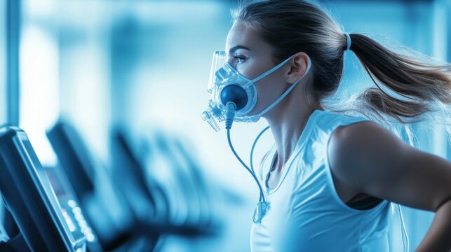 Athlete running with oxygen mask for performance training