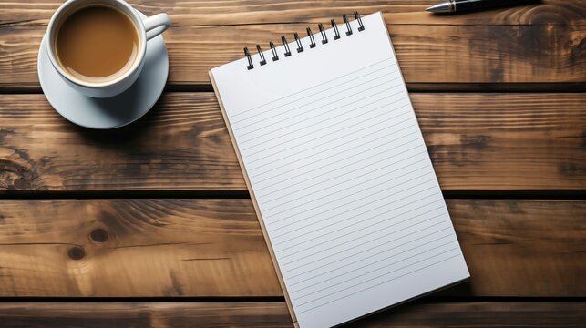 Rustic workspace with coffee and notepad mockup on wooden surface. Cozy flat lay of coffeecup, pen, page template advertising image. Writing, journaling mock up product photorealistic