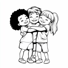 Cartoon Kids Hugging in Black and White Line Art