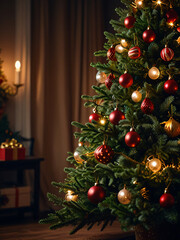 A Christmas tree adorned with red baubles and glowing lights.