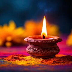 Lit Diya Lamp with Colorful Holi Powder and Marigold Flowers