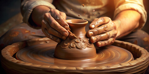 Crafting pottery involves skilled hands deftly shaping wet clay into beautiful forms. artisans focus and creativity shine through as they create delicate designs