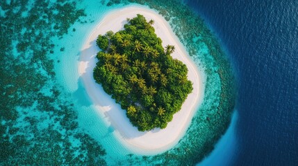 Aerial view of a remote tropical island with white sandy beaches, surrounded by clear turquoise water.