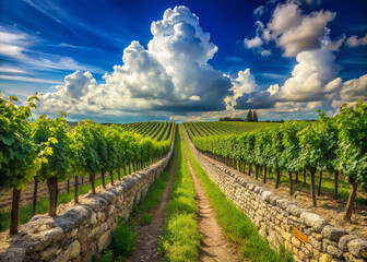 Naklejka premium Lush vineyard rows stretch towards horizon under brilliant blue sky, with fluffy clouds adding picturesque touch to serene landscape