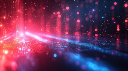 An abstract blue and pink background with technology-themed lines, texture, motion dots, and a black futuristic backdrop.