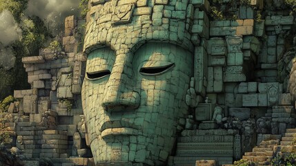 Mysterious ancient stone statue surrounded by lush greenery and remnants of a forgotten civilization in a mystical landscape