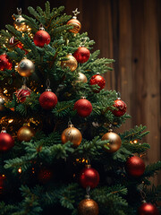 A Christmas tree adorned with red baubles and glowing lights.