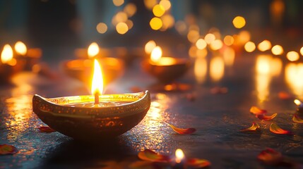 Colorful bokeh banner with traditional oil lamps for Diwali celebrations