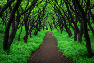 Serene pathway through lush green forest with dramatic tree branches.