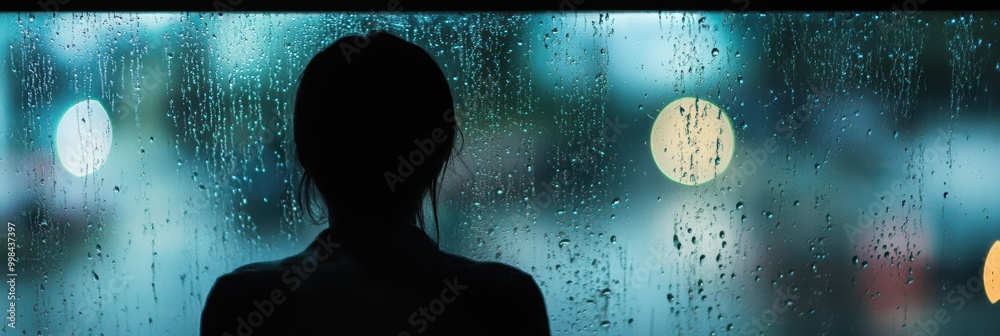 Poster a lone person stands by a rain-covered window, reflecting on their thoughts as raindrops create a gl