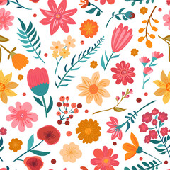 Bright Autumn Floral Seamless Vector Pattern – White Background Botanical Design