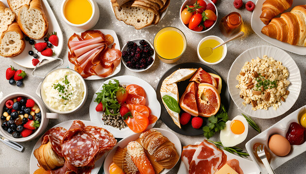 Large selection of breakfast dishes on the table with muesli, eggs, croissants, orange juice, fruit, smoked salmon, cold cuts, cheese and jam served with coffee, top view