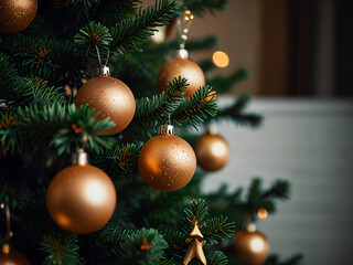 A Christmas tree adorned with red baubles and glowing lights.
