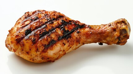 mouthwatering grilled chicken leg on pristine white background crispy skin glistening perfect grill marks visible wisp of steam rising