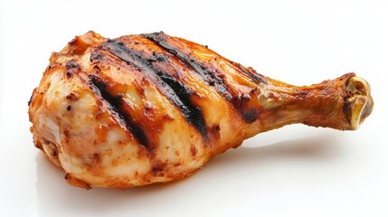 mouthwatering grilled chicken leg on pristine white background crispy skin glistening perfect grill marks visible wisp of steam rising