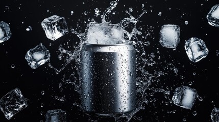 Aluminum can surrounded by ice cubes and water splashes, all suspended in mid-air on a sleek black backdrop.