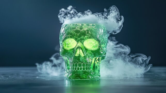 Glowing green Halloween cocktail served in a skull shaped glass with dry ice fog
