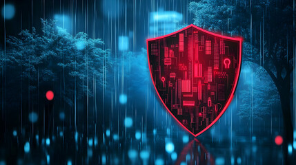 Red Shield Icon Surrounded by Digital Trees at Night