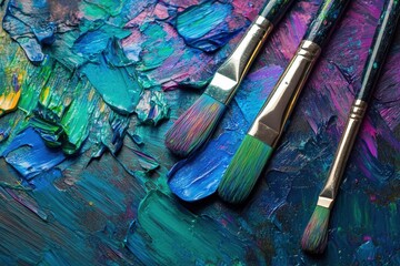 Obraz premium Bright splashes of color adorn a paint palette as brushes rest on a canvas, inviting creative exploration through abstract art. Generative AI