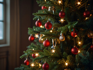 Fototapeta premium A Christmas tree adorned with red baubles and glowing lights.
