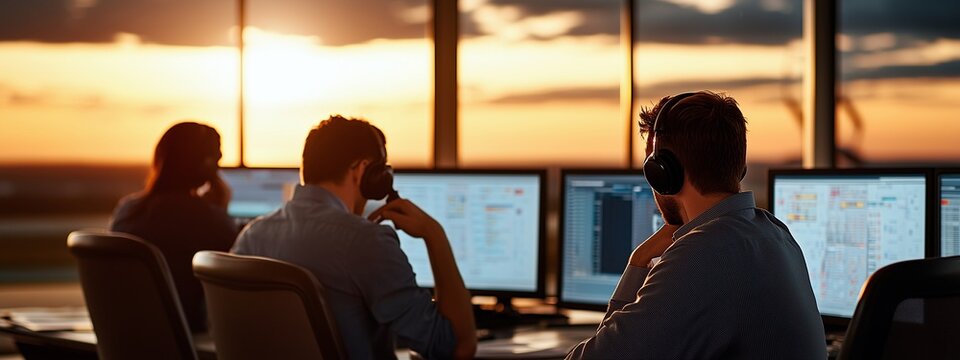 Airport control tower, a group of air traffic controllers. Computer with flight data.  aircraft flights. Industry poster, wallpaper, copy  space