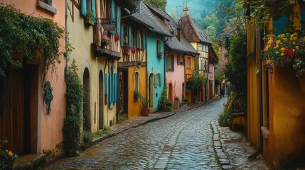 Fototapeta premium Ancient cobblestone street winding through a quaint European village lined with colorful houses.
