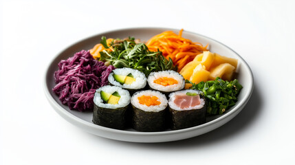Delicious sushi platter featuring colorful rolls with fresh ingredients like avocado, carrot, and tuna, accompanied by vibrant sides of vegetables and pickled items.