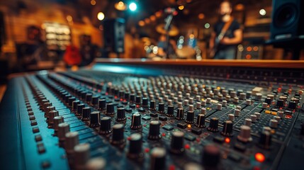 Fototapeta premium Close-up of a mixing console in a recording studio with a blurry musician in the background.
