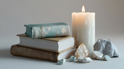 Calming Mindfulness Arrangement with Candles Books and Crystals on Crisp White Surface