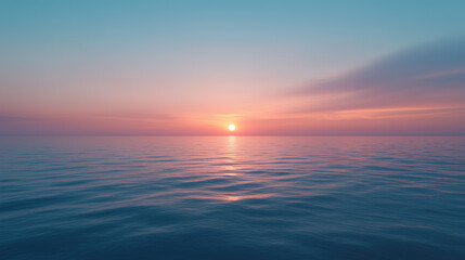 Fototapeta premium serene sunset over calm ocean, with soft pastel colors reflecting on waters surface, creating tranquil atmosphere.