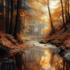 Fototapeta premium Autumn forest with golden and orange leaves, a tranquil stream running through it, and soft sunlight illuminating the scene.