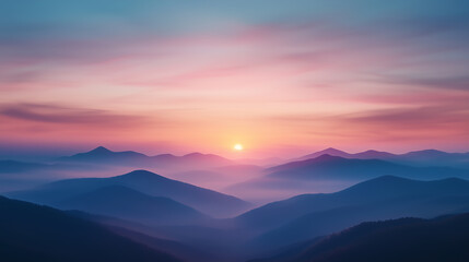 Fototapeta premium Breathtaking sunrise over misty mountains, showcasing gradient of soft colors in sky. serene landscape evokes sense of peace and tranquility, perfect for nature lovers.