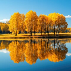 Obraz premium Autumn landscape with golden trees reflected in a calm lake, under a clear blue sky with soft sunlight illuminating the scene.