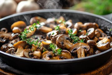 Sautéed mushrooms with fresh herbs in a cast iron skillet, steaming and ready to serve