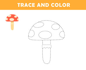Trace and color for children. Handwriting practice. Coloring page for kids. Preschool worksheet with cute mushroom illustration.	