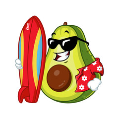 Cool avocado character with sunglasses and surfboard, cartoon illustration.